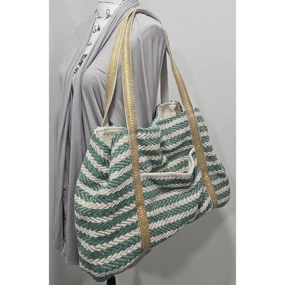 No Boundaries Women's Woven Beach Boho Tote Diaper Bag Mint Stripe Made In India - Picture 1 of 16